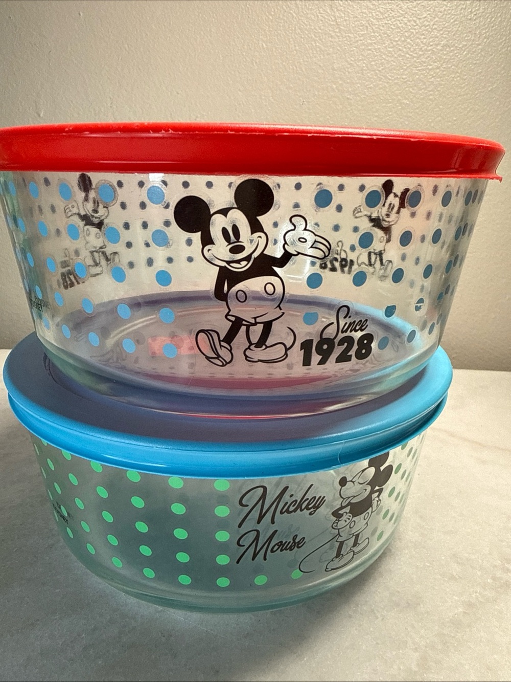 Pyrex Glass Storage Bowls with Red and Blue Lids and Polka Dot Design
